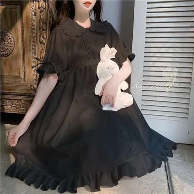Summer Sundress Lolita Dress Kawaii Peter Pan Collar Cute Ruffle Puff Sleeve Dress