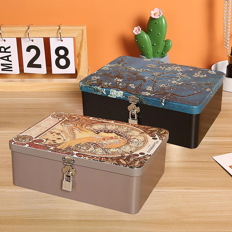 Vintage Large Capacity Tinplate Box With Lock Key Desktop Storage Case Metal Box Jewelry Storage Empty Box