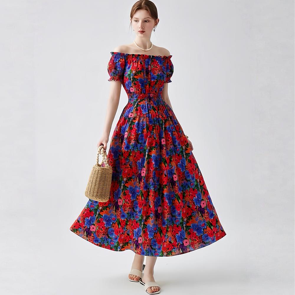 Bohemian Cotton-Silk Floral Printted Off-the-Shoulder French-Style Summer Dress for Women Ethnic-Style Elastic Waistband Pleayed Long Dress
