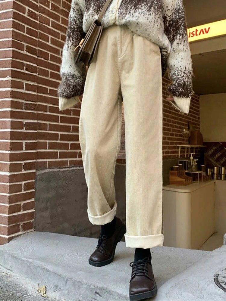 Pantalones casuales de estilo coreano con bolsillos y todo a juego para mujer, pantalones de pana vintage, pantalones rectos de cintura alta para primavera