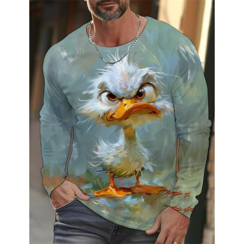 Spring and Autumn Round Neck 3D Printed Funny Animal Pattern Top Fashionable Casual Long Sleeved Men's T-shirts