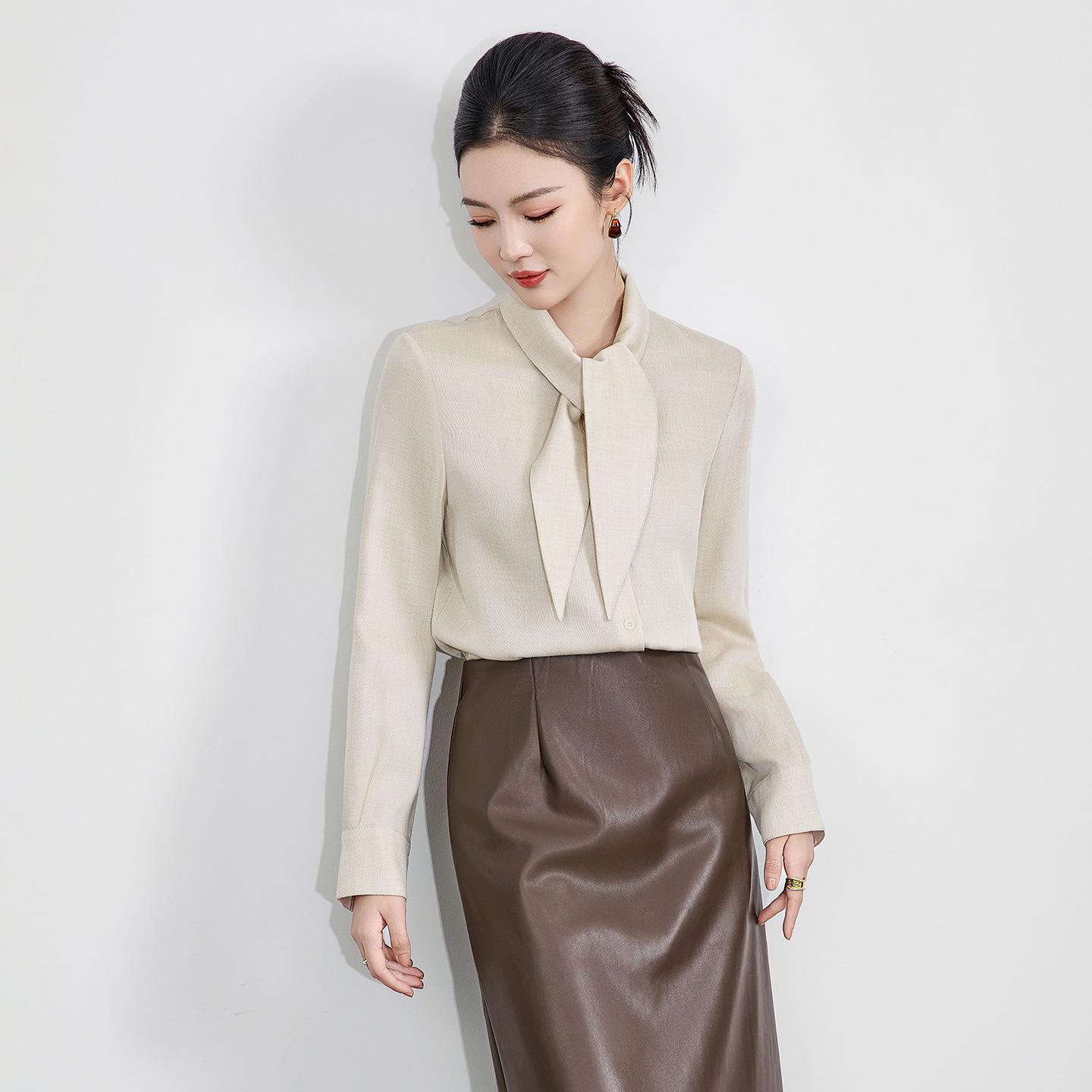 Tencel Wool Rabbit Ear Collar Lace-up Long Sleeve Women s Shirt - Autumn/Winter Collection XL бежевый