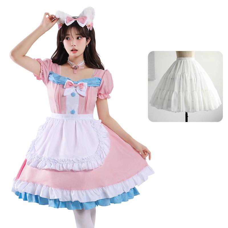 Café Style Cute Lolita Maid Outfit - Pink & Blue Bow Dress for Women