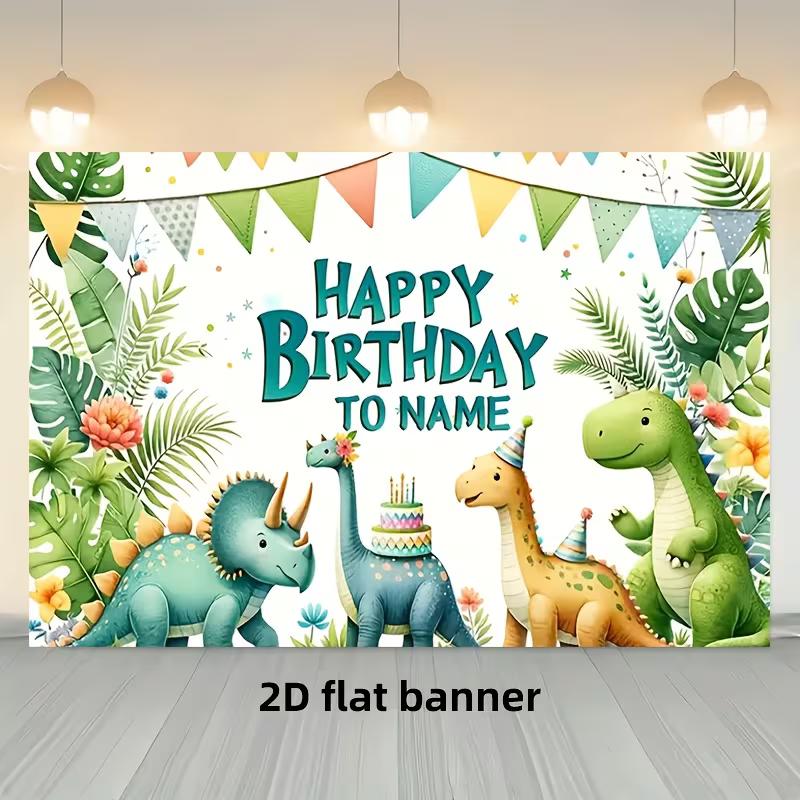 Watercolor Dinosaur Birthday Banner, 2D Flat Customizable Name Party Background with Tropical Leaves & Cute Dino