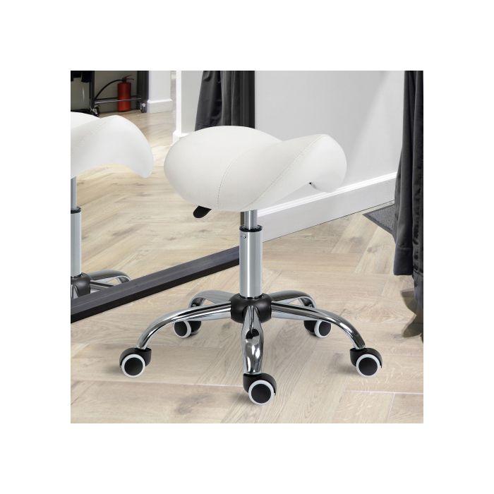 Tabouret - MUVOE - Réglable en hauteur - Rembourré - Blanc - 5 roulettes mobiles