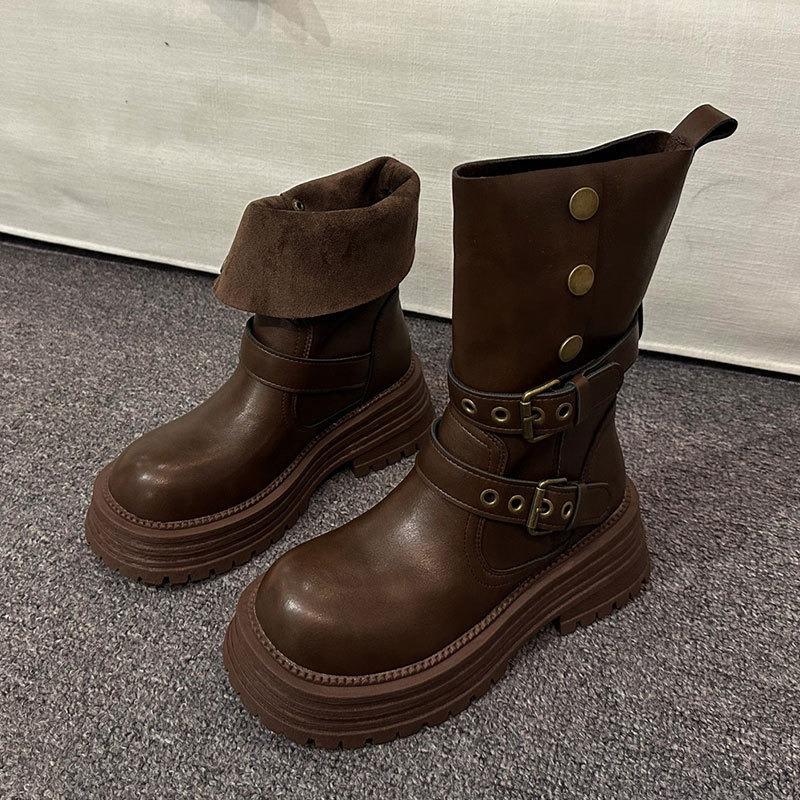 Dames Retro Britse Stijl Dikke Zool Effen Kleur Middelhoge Martin Laarzen