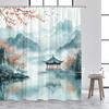 Rideaux de douche style japonais Lac de montagne abstrait Pavillon Fleur Art à l'encre Tissu de rideau de bain Décor de salle de bain pour la maison Avec crochets