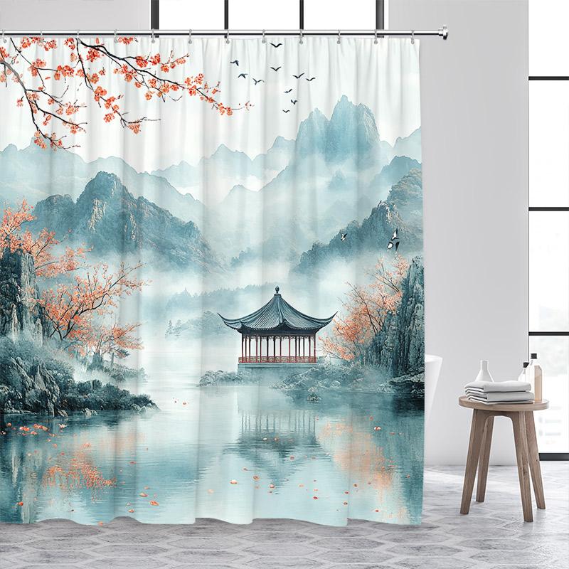 

Душевые занавески в японском стиле, абстрактные горы, озеро, павильон, цветы, чернильная живопись, ткань для штор в ванную, декор для домашней ванной комнаты с крючками 90x180cm-35x70in