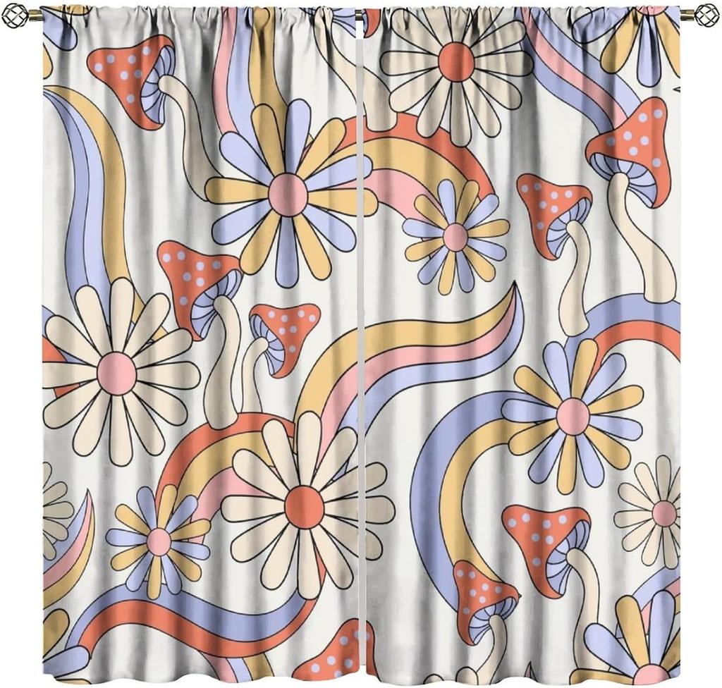 70S Flowers Curta Retro Colors Floral Groovy Vintage Colorful Blackout Window Drapes For Bedroom Living Room Kitchen Cafe