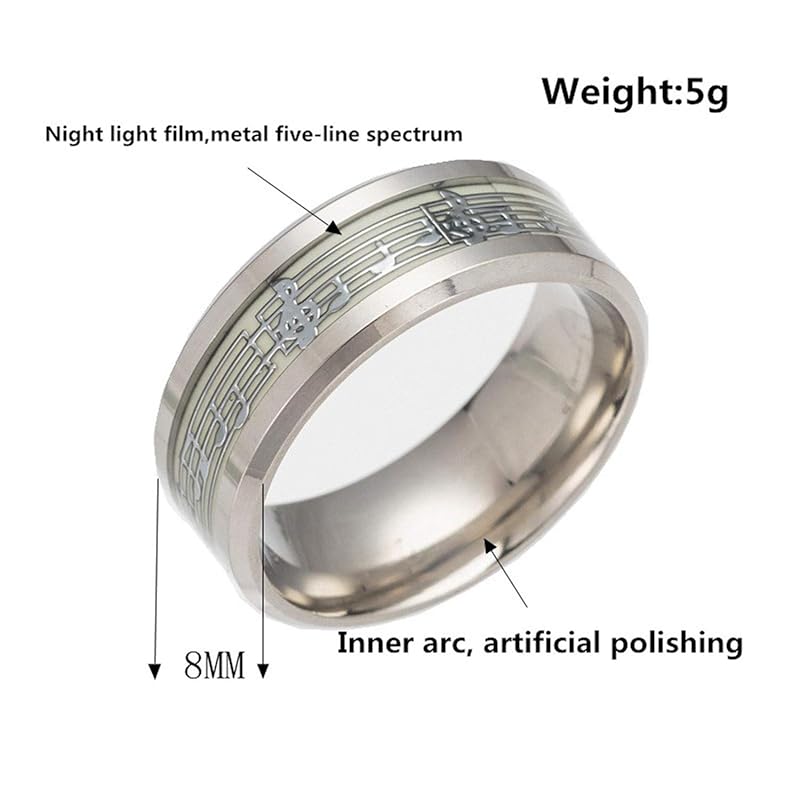 Oakky Men's 8mm Stainless Steel Piano Staff Wedding Luminous Ring Personalized Couple Musical Note Band Shines In Dark Silver Size 17
