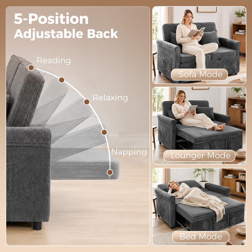 2 Seater Sofa Bed 3-in-1 Convertible Chenille Pull Out Sleeper Sofa with 5-Position Adjustable Backrest, Grey