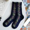 1 par middels lange, varme sokker til kvinner, med blomstermønster og etnisk trykk, crew socks for høst og vinter