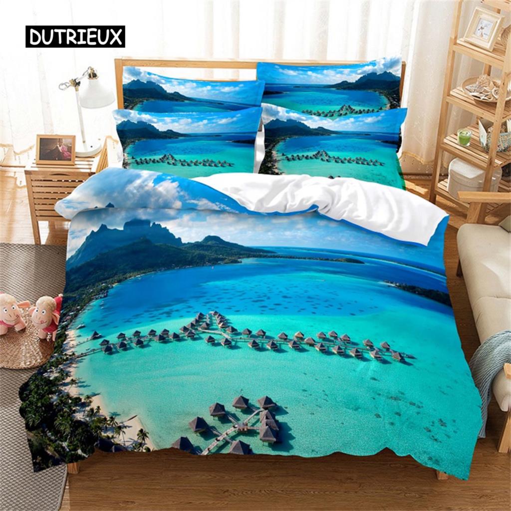 Blue Sea Duvet Cover Ocean Hawaiian Waves Landscape Bedding Set Comforter Cover Set for Boy Girls Bedroom Decor Bedding Sets