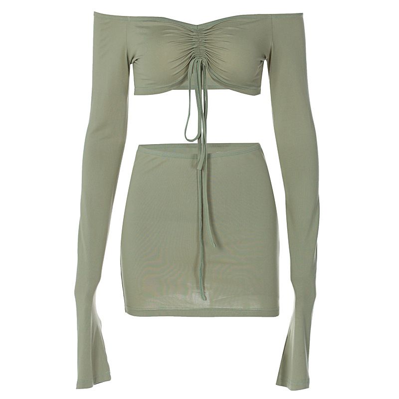 Drawstring Lace up Top Half Skirt Set Drawstring Lace Tops Skirt Suit
