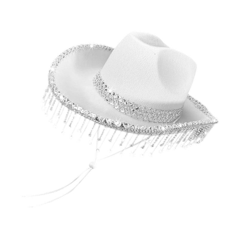 Decorative Rhinestones Bridal Hat With Lace Tassels Detailing Panama Hat for Bachelorette Party Stage Dancing