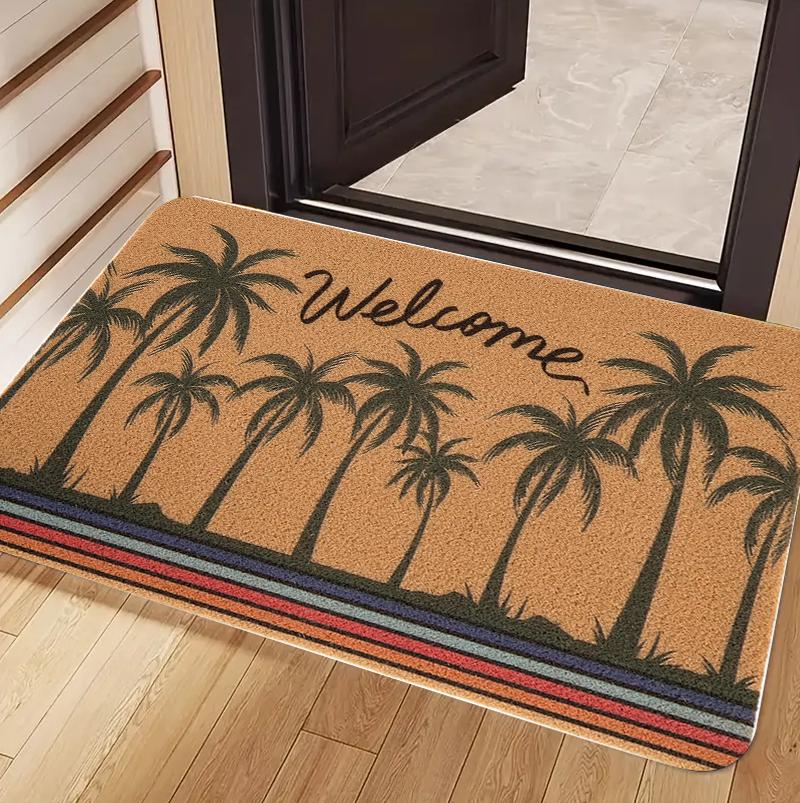 Tropical Welcome Doormat, Non-Slip Entryway Floor Mat, Summer Floral Palm Tree Print Rug for Front Door Porch Patio Kitchen