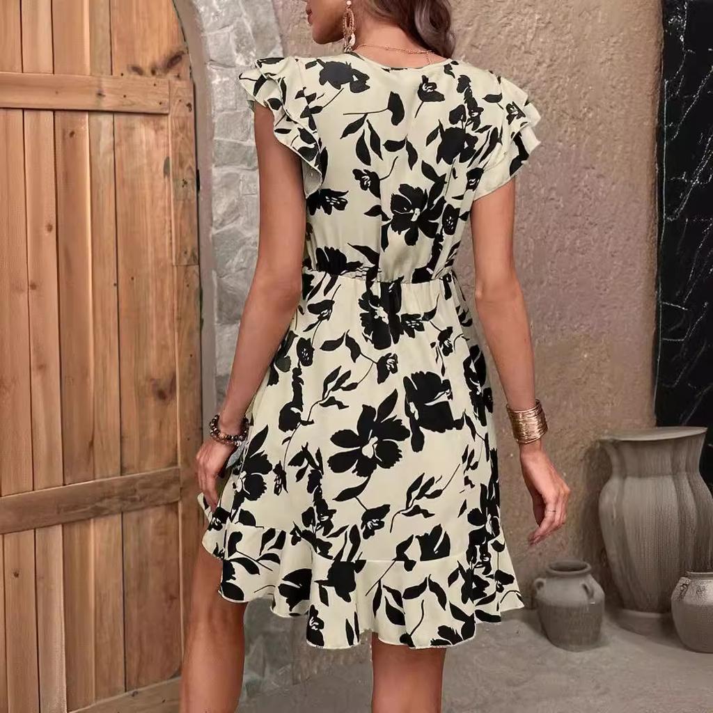 New temperament commuter printed V-neck short-sleeved dress