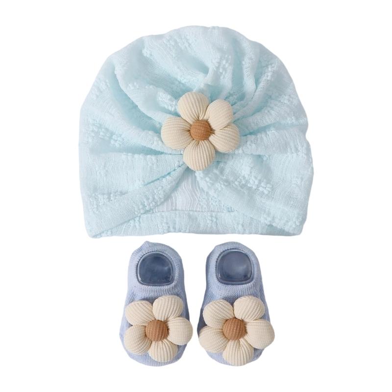 Elastic Infant Turban Hat Breathable Fetal Caps & Matching Socks Set Stylish Girls Clothing Accessories for Baby