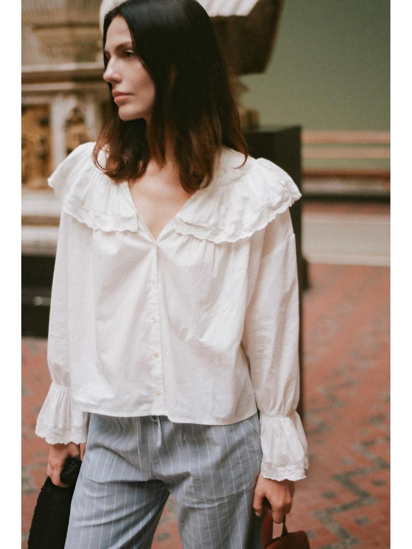 26 Spring Retro French Ruffle Doll Collar Lace Trim Long-Sleeve Top 34 белый