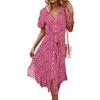 Women Dress Floral Print Breathable Cotton Blend Sexy V-Neck Midi Dress for Beach