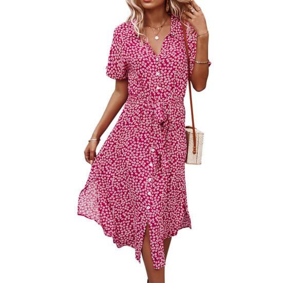 Women Dress Floral Print Breathable Cotton Blend Sexy V-Neck Midi Dress for Beach