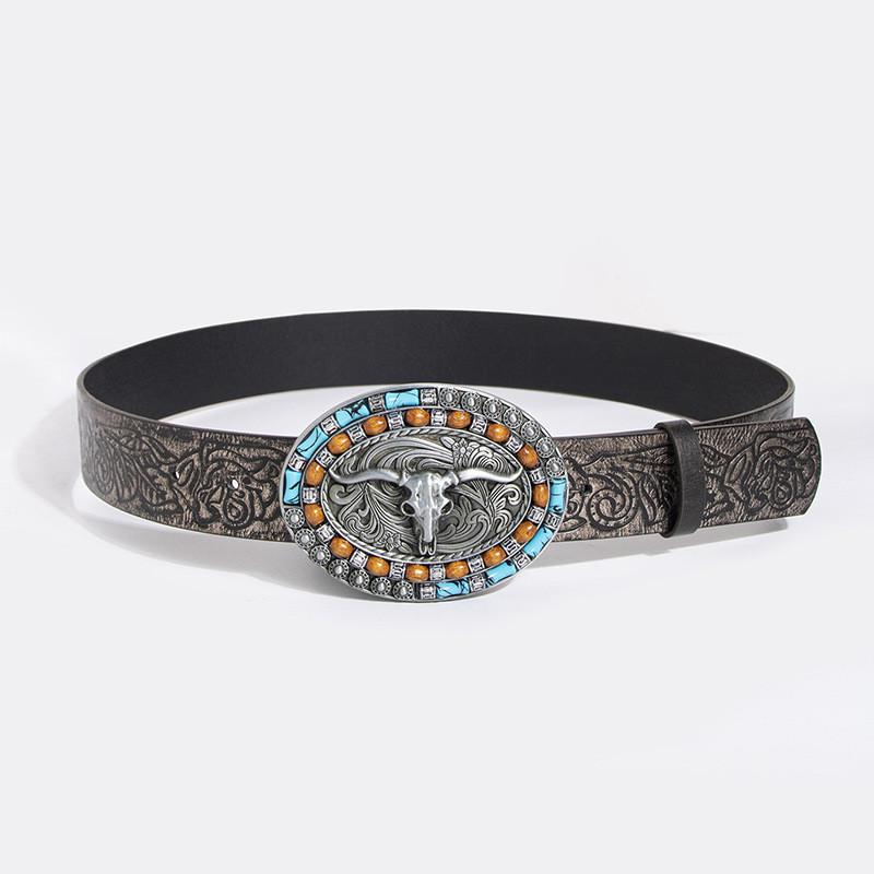 Vintage Turquoise Carved Sheep Head Embroidered Leather Belt For Fashion Enthusiasts
