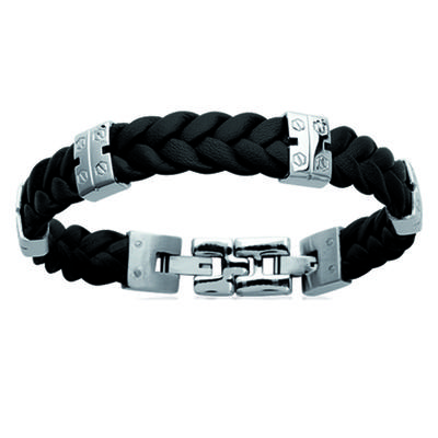 [E7055] - Steel Bracelet 'Tony' Leather / Steel - 10 Mm