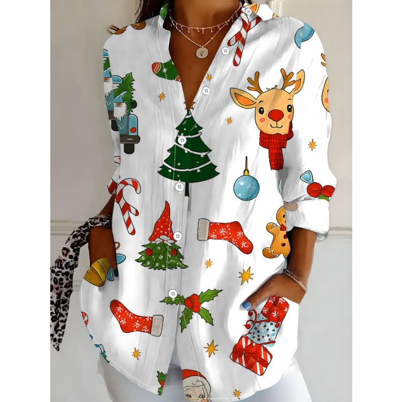 New Plus Size Women's Long Sleeve Printed Shirt, Digital Print Versatile and Elegant Shirt for, White Reindeer Christmas Tree Cartoon