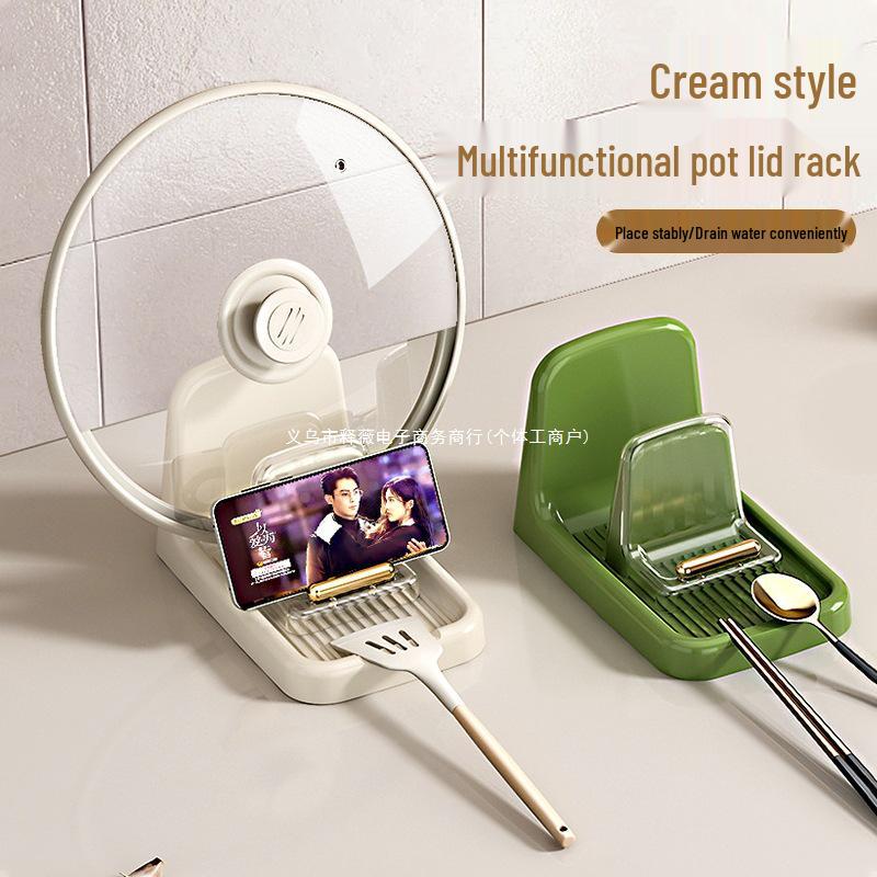 Cream Multifunction Kitchen Rack: Lid, Spoon & Spatula Organizer