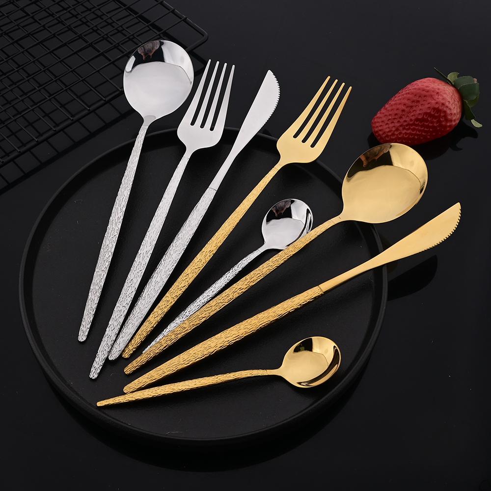 24Pcs Black Western Dinnerware Set Stainless Steel Cutlery Set Fork Steak Knife Spoon Tableware Set Flatware Silverware Set