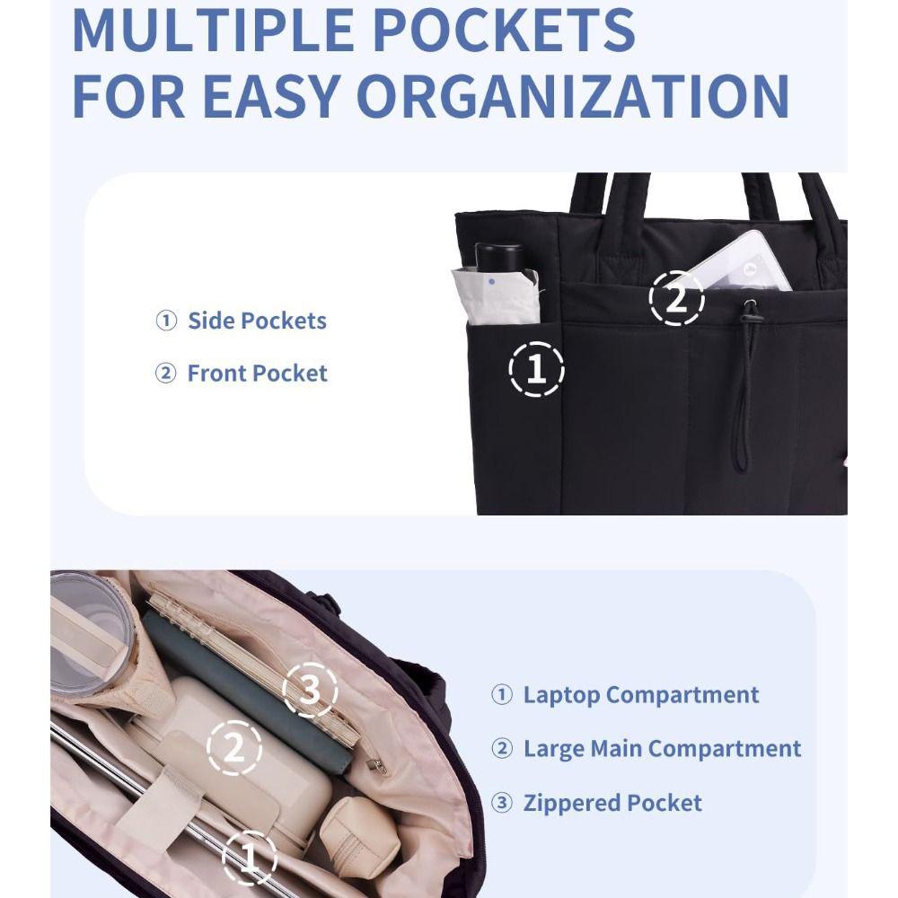 Women Lightweight Puffy Quilted Tote Bag Large Capacity Multi Pocket Soft Shoulder Handbag For Daily Use