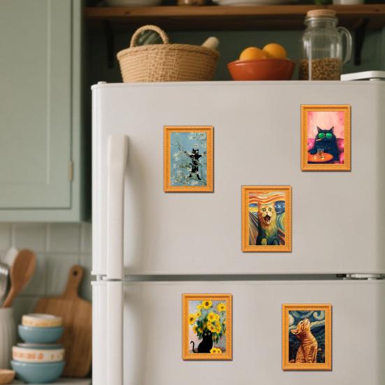 Wooden Frame Cat Refrigerator Magnet Vintage 3D Frame Cat Fridge Magnet Home Kitchen Office Decoration Cat Lover Gift