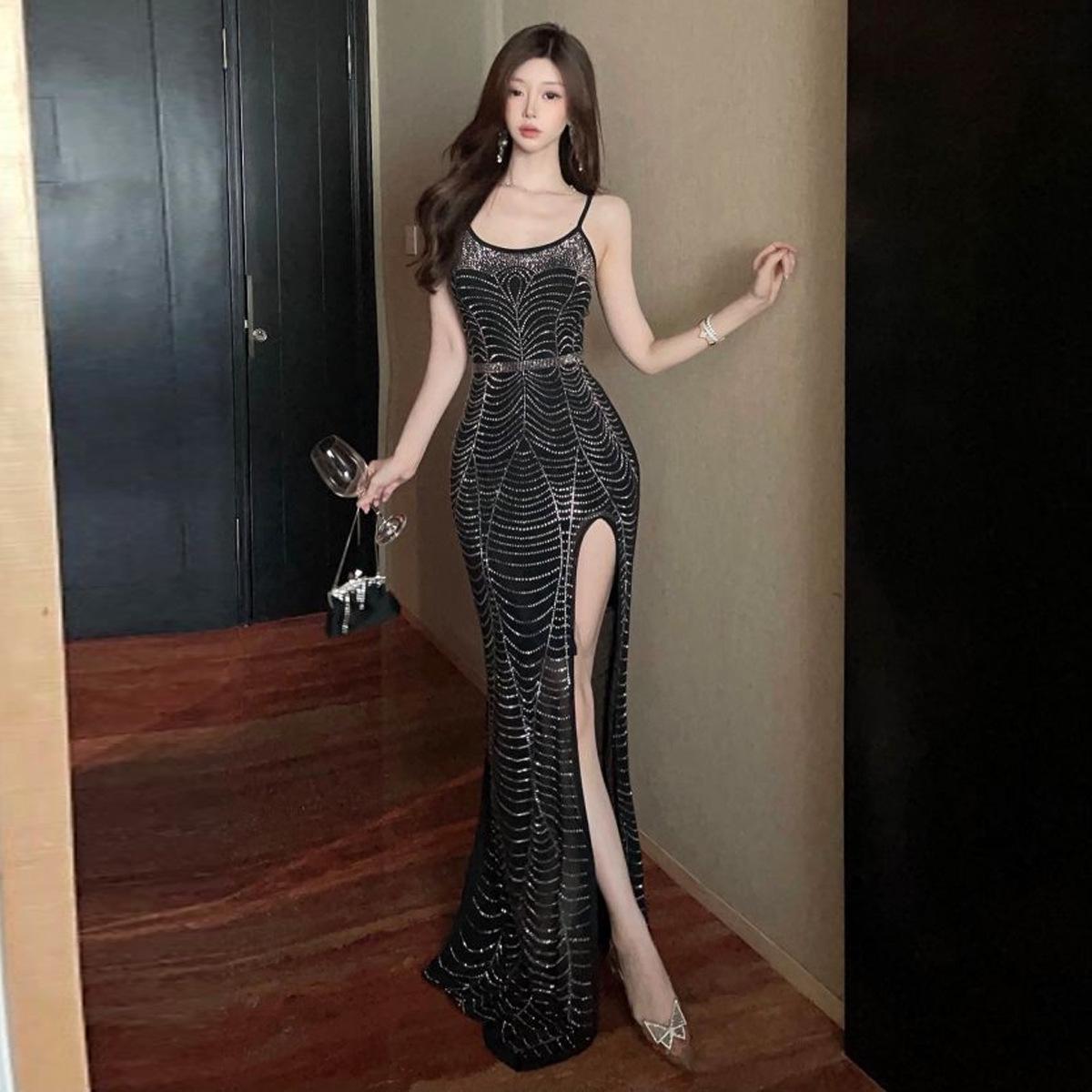 

Женское сетчатое пряжа горячее сверление перспектива разрез платье платье длинное платье L