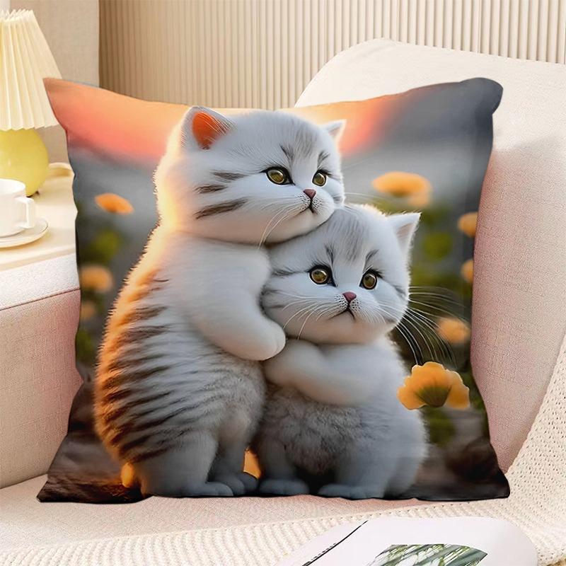 Couple Cat Print Decorative Pillowcase Bedroom Living Room Square Cushion Pillowcase