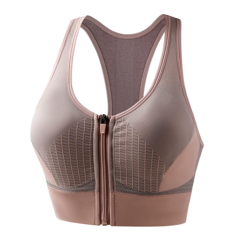 Color Block Shockproof Front Zip Racerback Sports Bra For Gym Running Seamless Back Closure