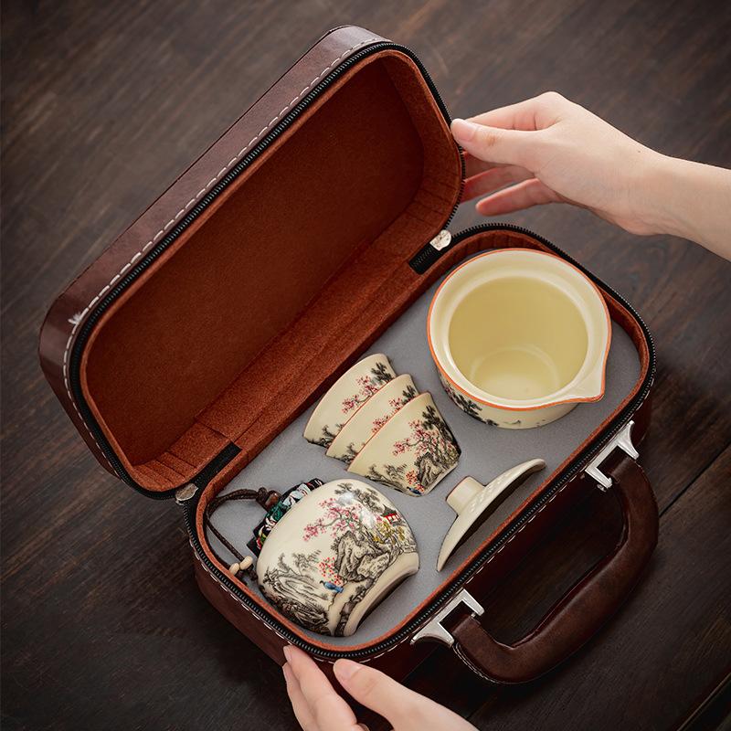 High-end gift: outdoor Ru kiln black pine plum blossom travel elegant handheld teapot, business trip car tea set, Kuaike cup