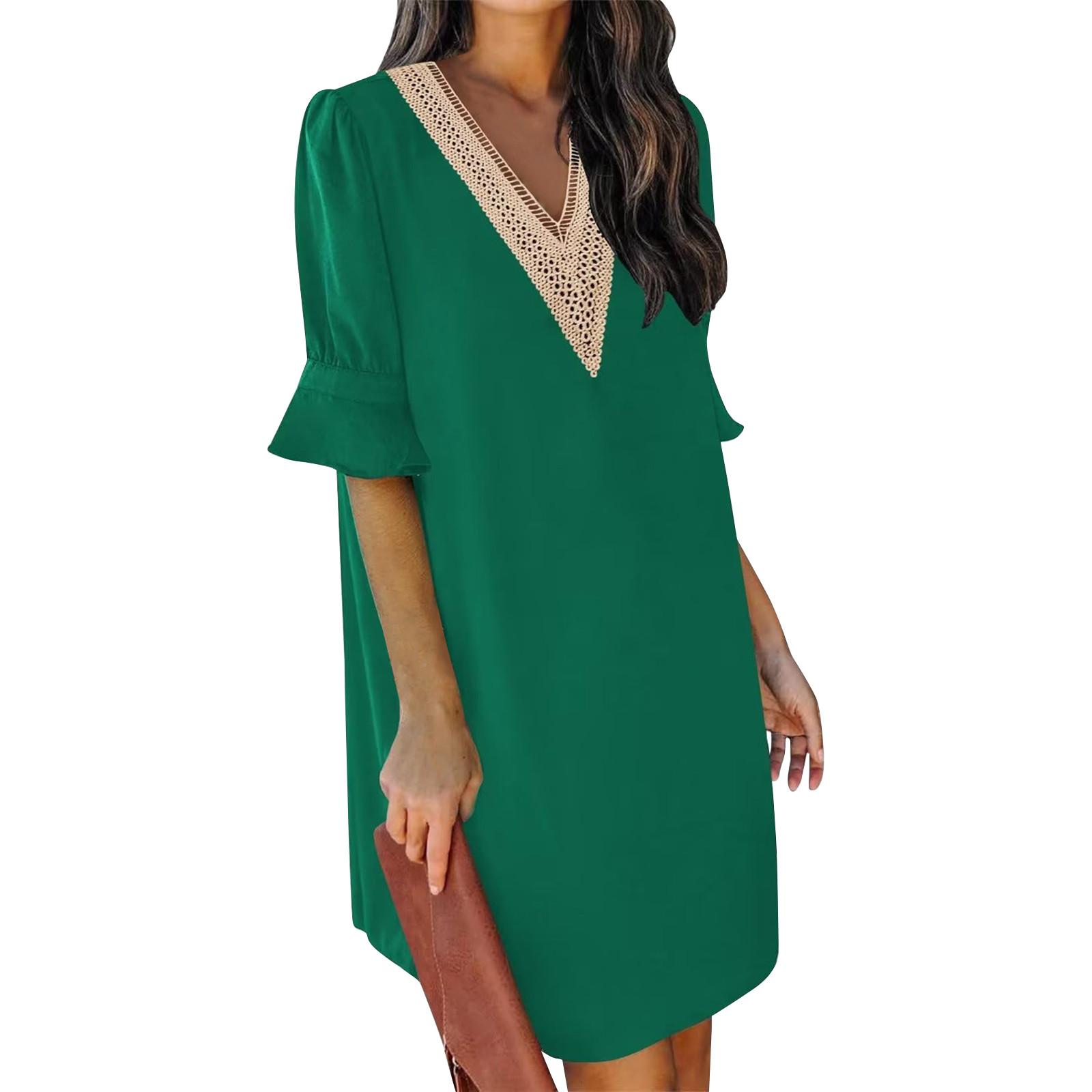 

Женское однотонное повседневное летнее платье с v-образным вырезом и рюшами и короткими рукавами, платье с пышными рукавами, кружевное платье с v-образным вырезом XL темно-зеленого