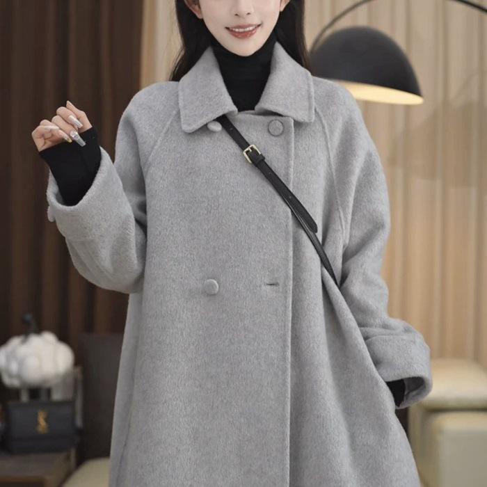 Plus Size Women's Korean Style Slimming Mid-Length Woolen Coat for Autumn/Winter - Loose Fit, Petite Long Jacket.