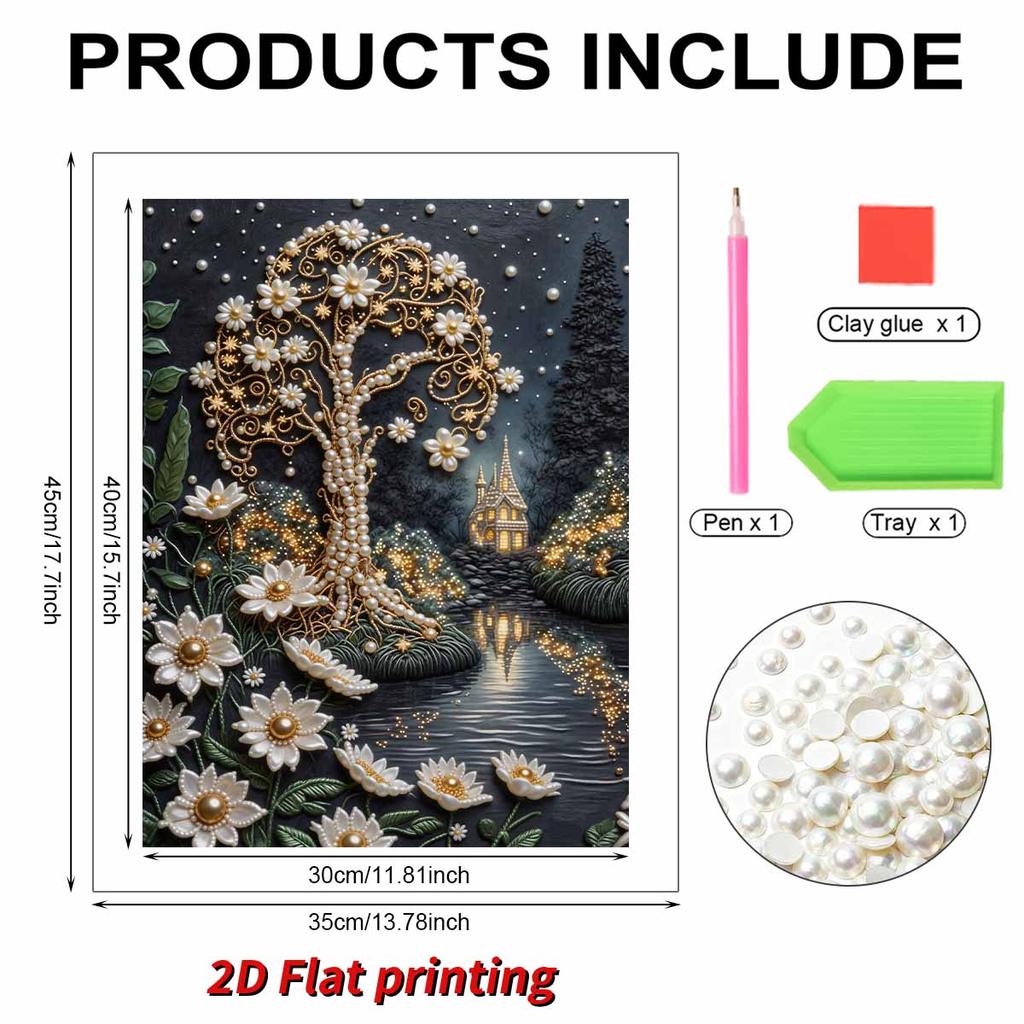 5D DIY Frameless Pearl Painting Trees and Flowers Pattern Painting Kit Suitable for Home Living Room Bedroom and Other Wall Decoration Art Paintings