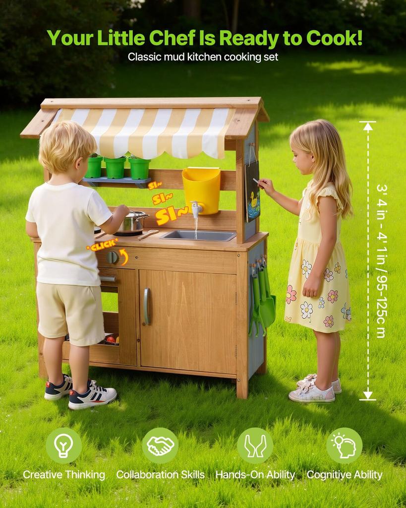 Mud Kitchen, Outdoor Mud Kitchen for Kids, Wood Outdoor Play Kitchens with Spoons, Sink, Tank, Sunshade Canopy, Shovels, Cookware Pots and
