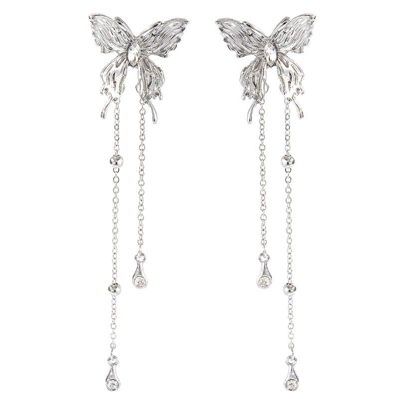 Fairy Butterfly Fringed Earrings Collection, Metal Wind Diamond Chain Earrings Exaggerated And Thin Stud Earrings