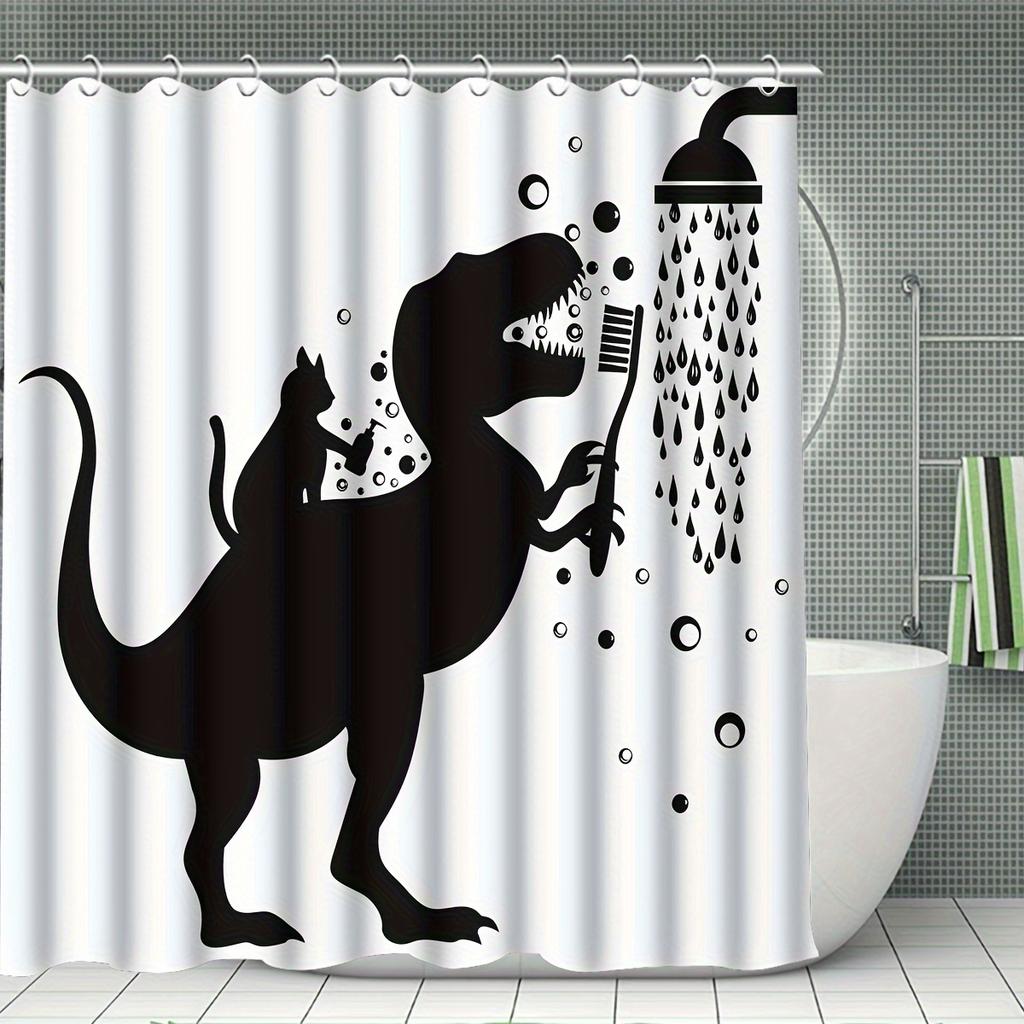4pcs Funny Dinosaur Shower Curtain Suit, Shower Curtain Suit with Non-slip Bath Mat, Toilet Lid, U-shaped Carpet