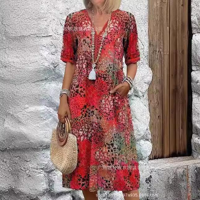 Printed Summer V-neck Casual Vacation Pocket Dress Loungewear Women