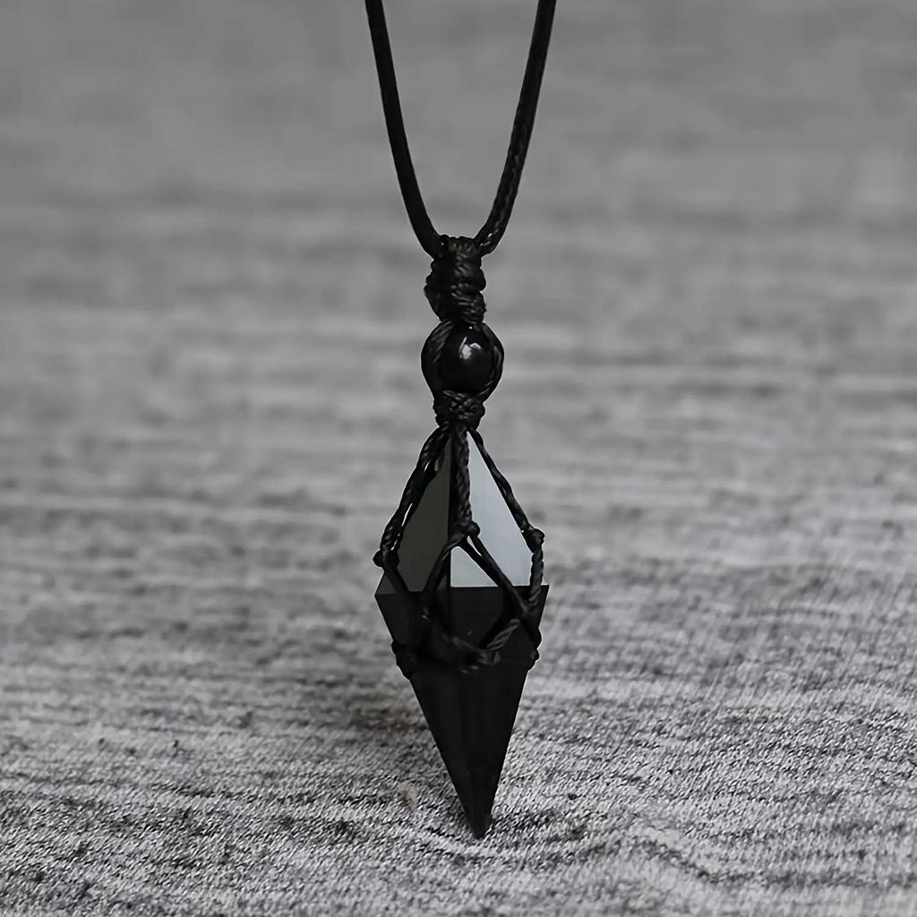 Unisex Adjustable Obsidian Pendant Necklace - Geometric Crystal with Woven Rope for Couples