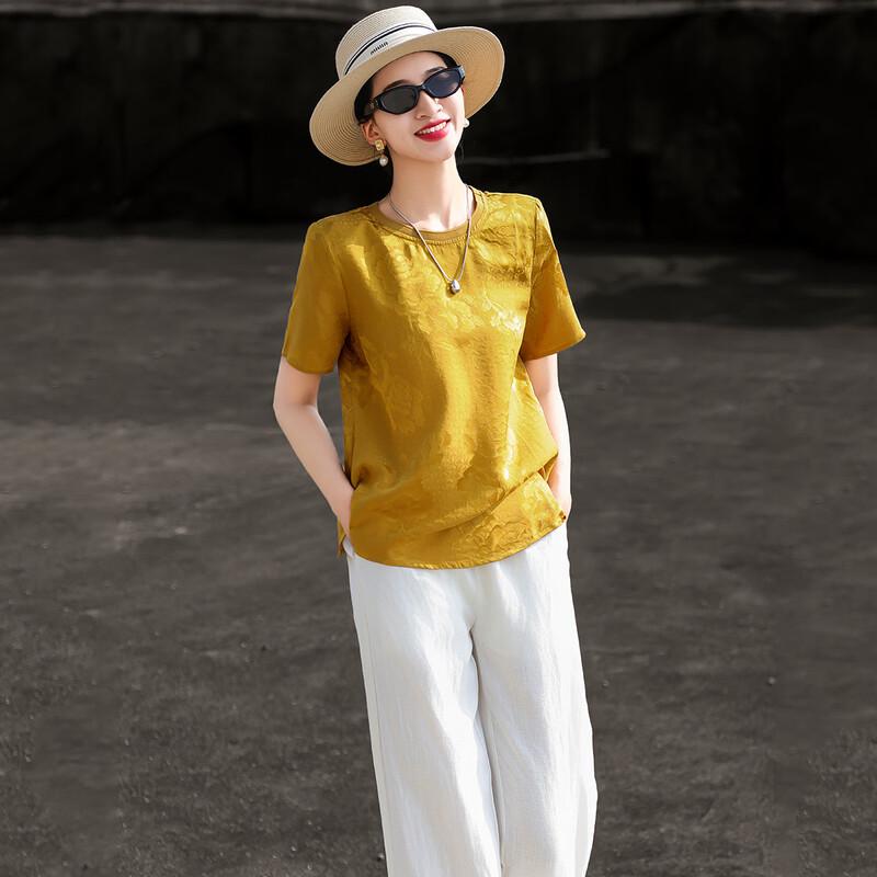 Elegant New Chinese Style Jacquard Mulberry Silk T-shirt S