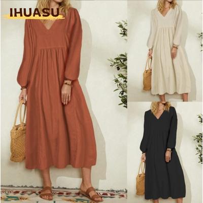 Fashion Autumn Winter Solid Color Print Long Sleeve V-Neck Casual Dresses Unique Design