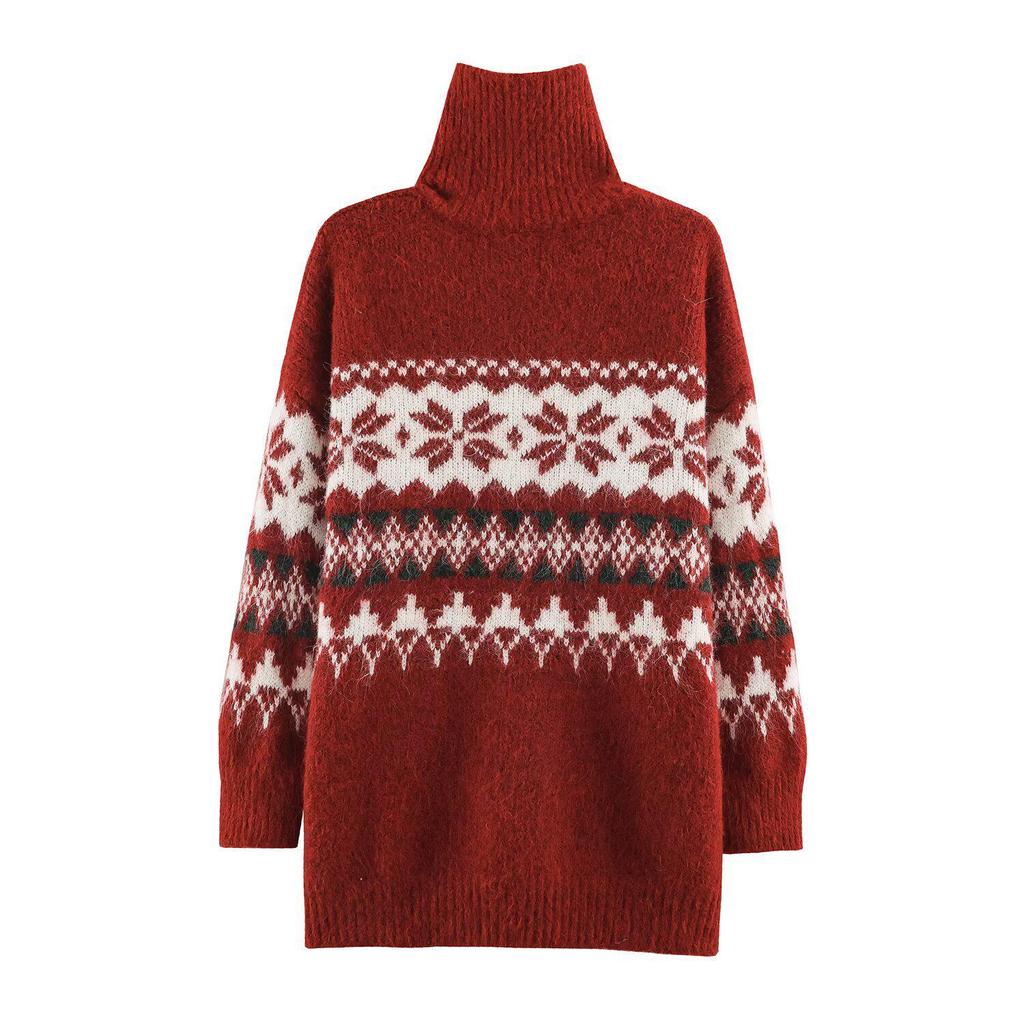 European & American Style 2026 Women's Fair Isle Jacquard Half-Zip High-Neck Sweater