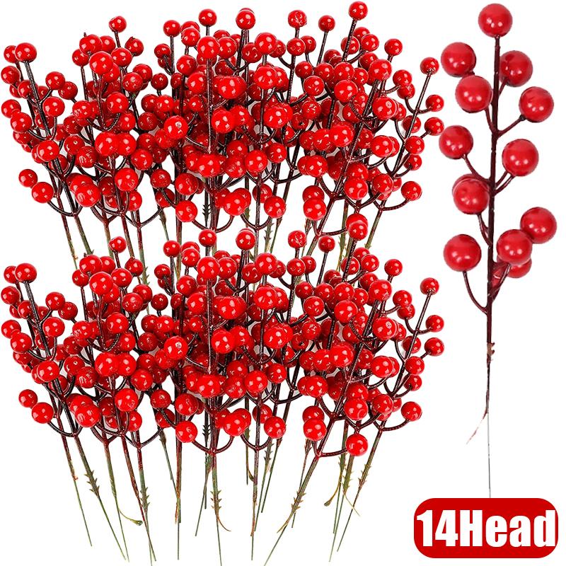 100/5pcs Christmas Artificial Red Berries Stem Ornament Red Holly Berry Stamen Fake Flowers Plants for New Year Party Home Decor