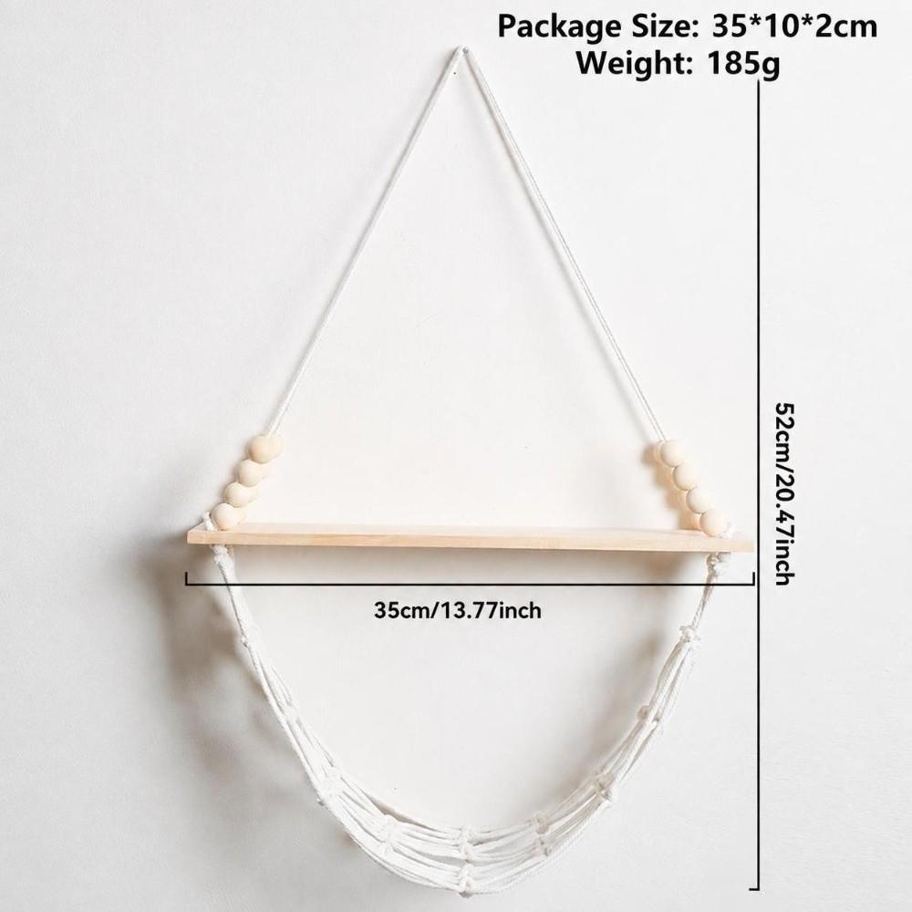 Solid Wood Wall Hanging Shelf Macrame Cotton Cord Net Basket Storage Shelf for Home Decor