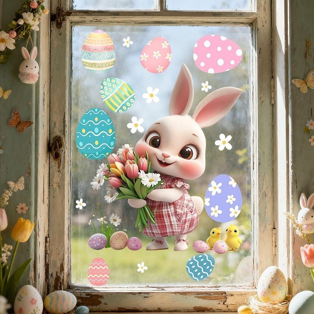 Self-Adhesive Flower Rabbit Sticker Easter Festival Party Sticker New Wall Decal  Glass Decoration